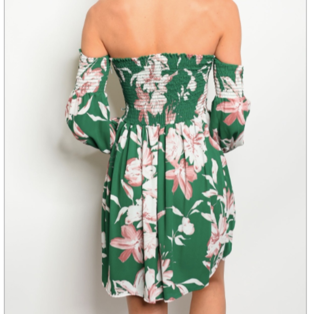 LAST 1: Green Floral Boho Off Shoulder Dress - Picture 2 of 5
